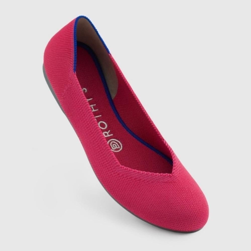 Adorable Rothys, bright reddish pink flats.